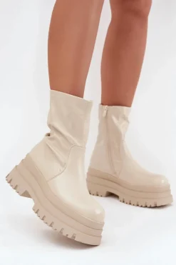 Sale Botki Na Masywnej Platformie Eko Skórzane Beżowe Kylira Damskie Botki Ocieplane|Czarne Botki