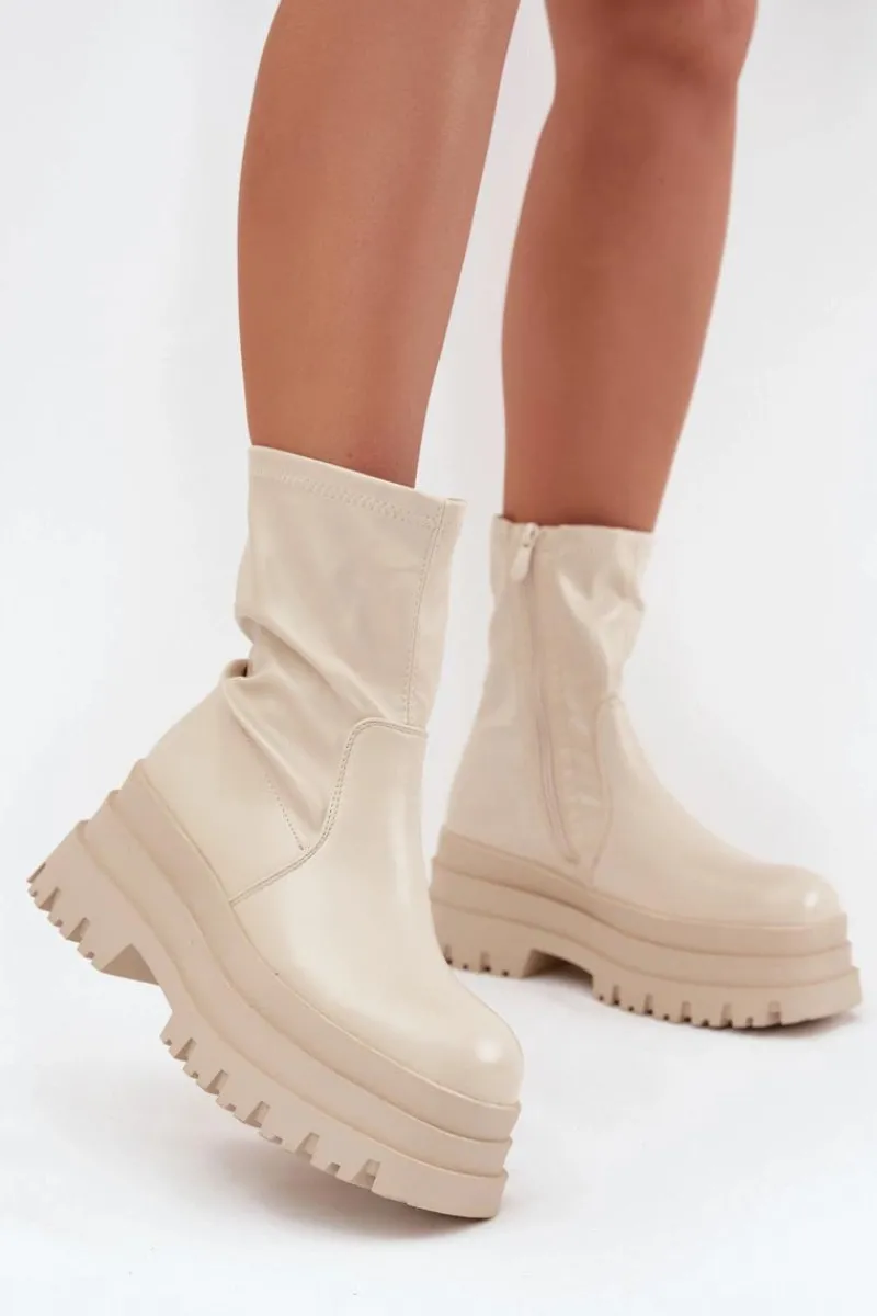 Sale Botki Na Masywnej Platformie Eko Skórzane Beżowe Kylira Damskie Botki Ocieplane|Czarne Botki