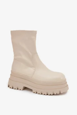 Sale Botki Na Masywnej Platformie Eko Skórzane Beżowe Kylira Damskie Botki Ocieplane|Czarne Botki