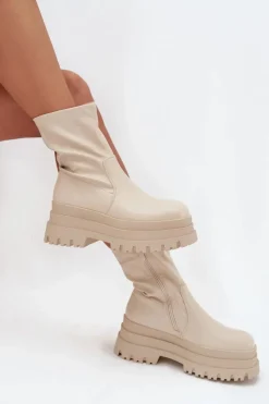 Sale Botki Na Masywnej Platformie Eko Skórzane Beżowe Kylira Damskie Botki Ocieplane|Czarne Botki