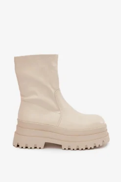 Sale Botki Na Masywnej Platformie Eko Skórzane Beżowe Kylira Damskie Botki Ocieplane|Czarne Botki