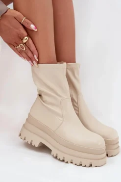 Sale Botki Na Masywnej Platformie Eko Skórzane Beżowe Kylira Damskie Botki Ocieplane|Czarne Botki