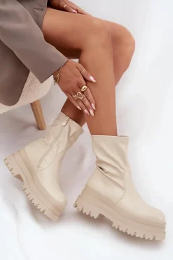 Sale Botki Na Masywnej Platformie Eko Skórzane Beżowe Kylira Damskie Botki Ocieplane|Czarne Botki