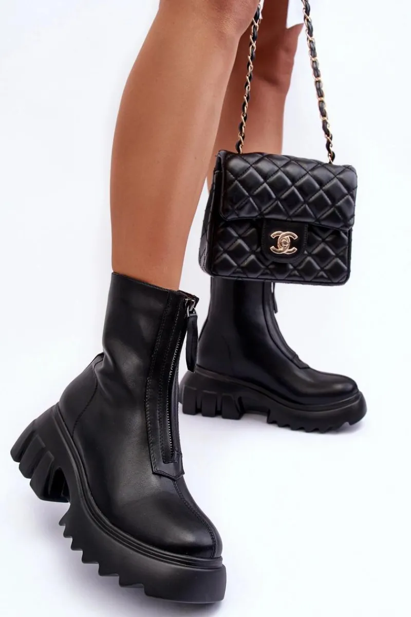 Best Botki Na Masywnej Platformie Z Suwakiem Czarne Kusma Damskie Brązowe I Beżowe Botki|Botki Płaskie