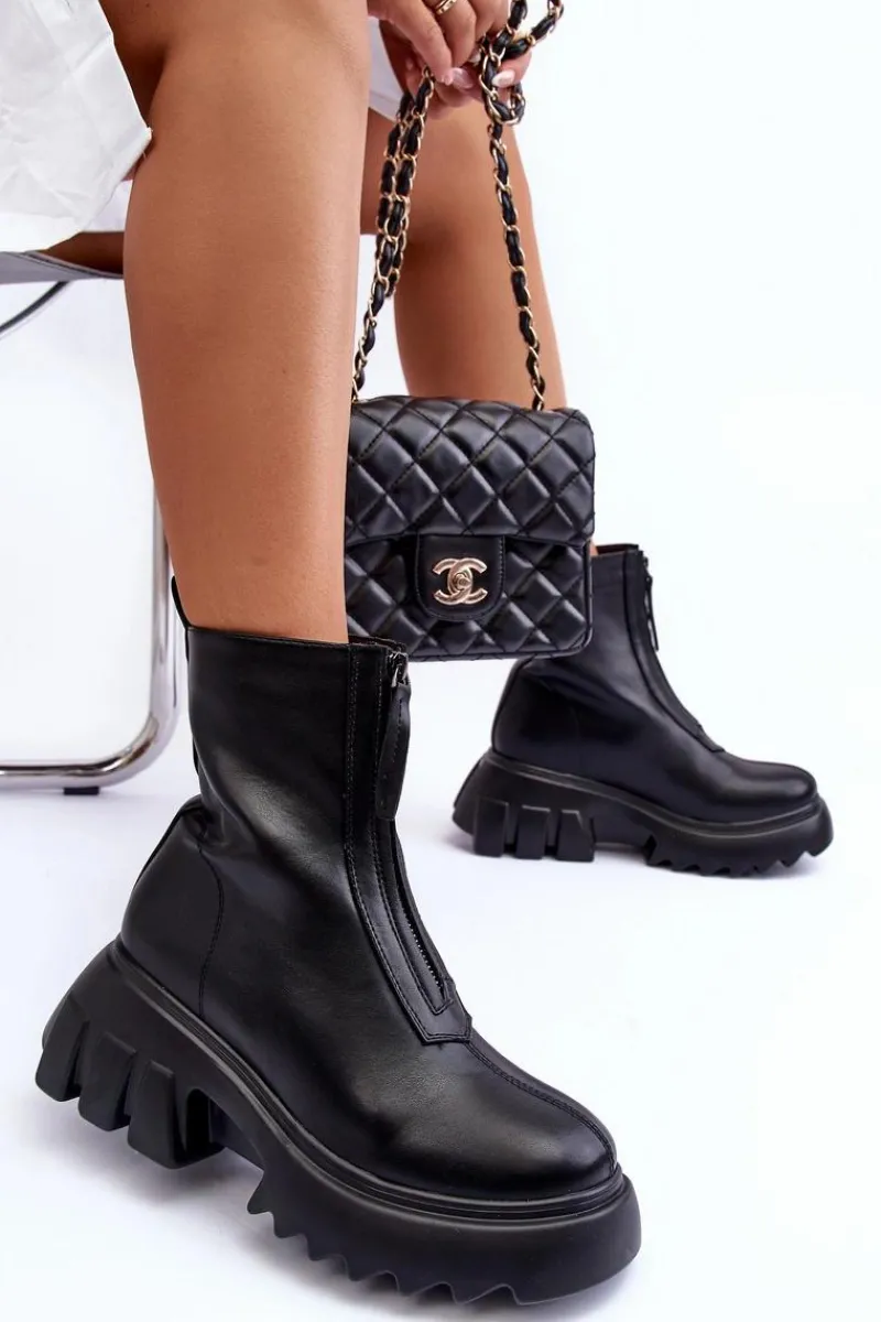 Best Botki Na Masywnej Platformie Z Suwakiem Czarne Kusma Damskie Brązowe I Beżowe Botki|Botki Płaskie