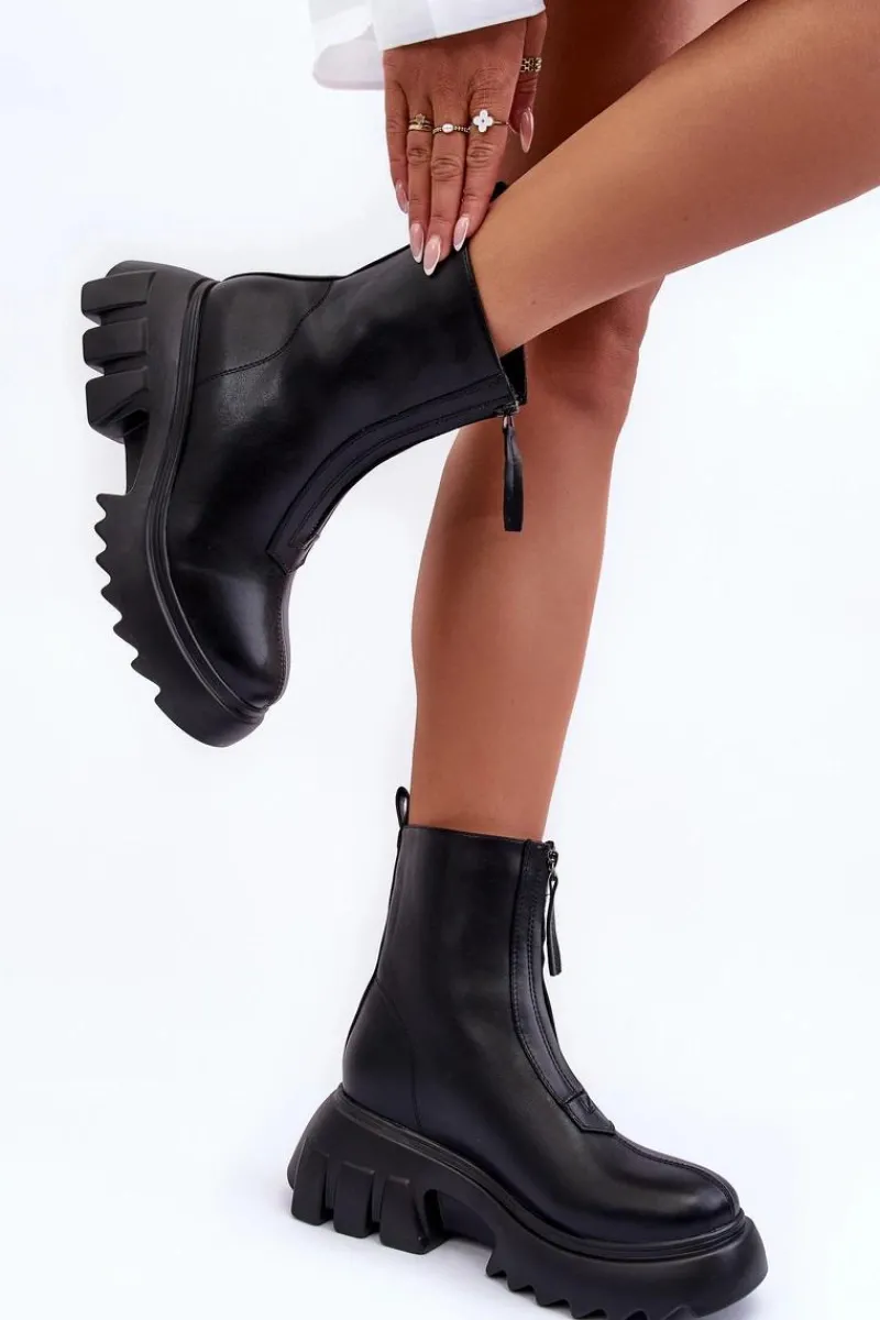 Best Botki Na Masywnej Platformie Z Suwakiem Czarne Kusma Damskie Brązowe I Beżowe Botki|Botki Płaskie