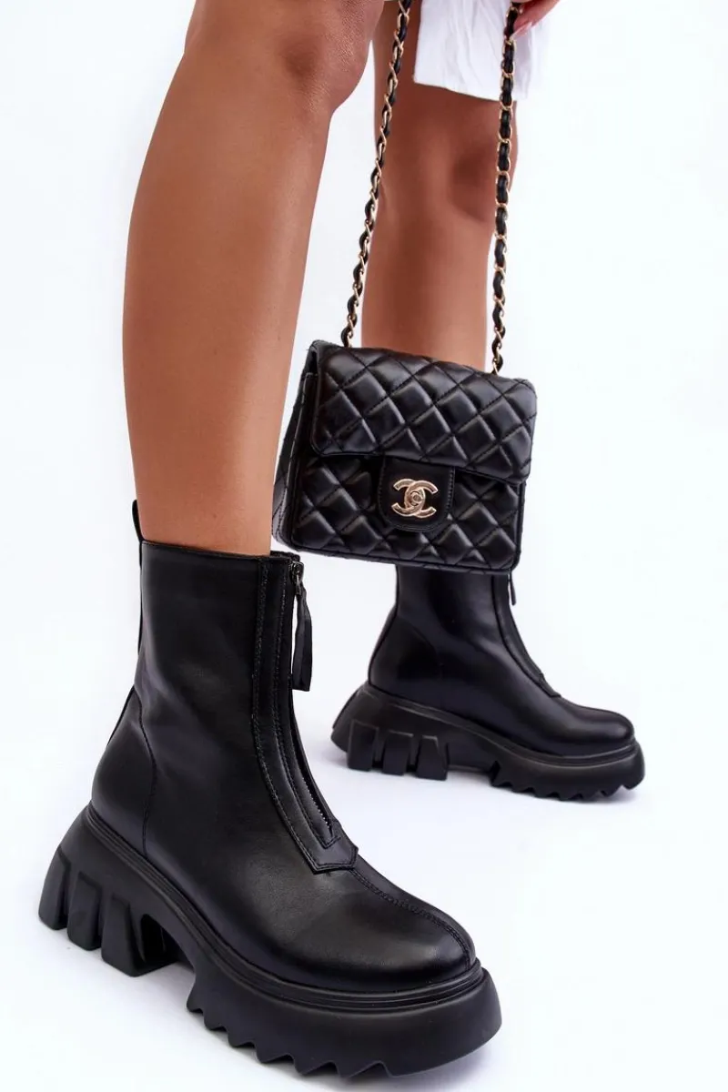 Best Botki Na Masywnej Platformie Z Suwakiem Czarne Kusma Damskie Brązowe I Beżowe Botki|Botki Płaskie