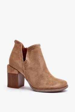 Outlet Botki Na Masywnym Słupku Z Wycięciem Beżowe Jolnima Damskie Botki Wiosenne|Botki Na Słupku