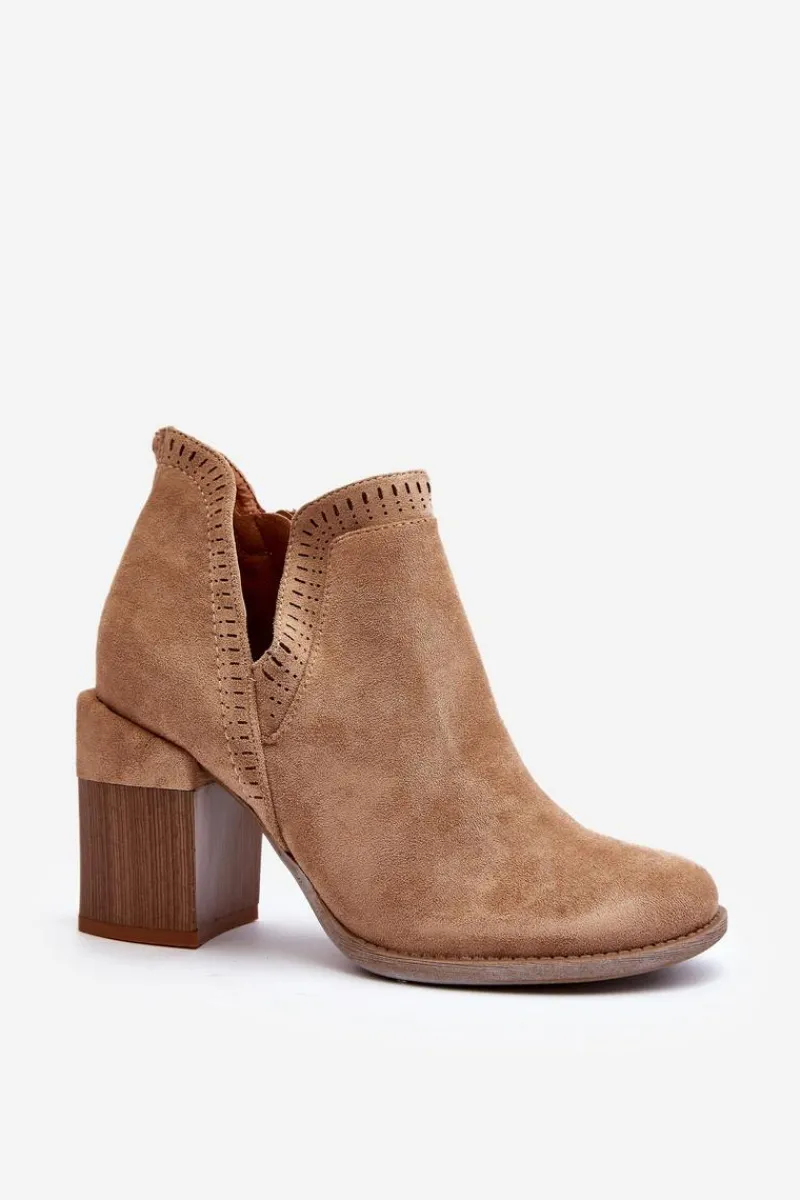 Outlet Botki Na Masywnym Słupku Z Wycięciem Beżowe Jolnima Damskie Botki Wiosenne|Botki Na Słupku