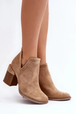 Outlet Botki Na Masywnym Słupku Z Wycięciem Beżowe Jolnima Damskie Botki Wiosenne|Botki Na Słupku