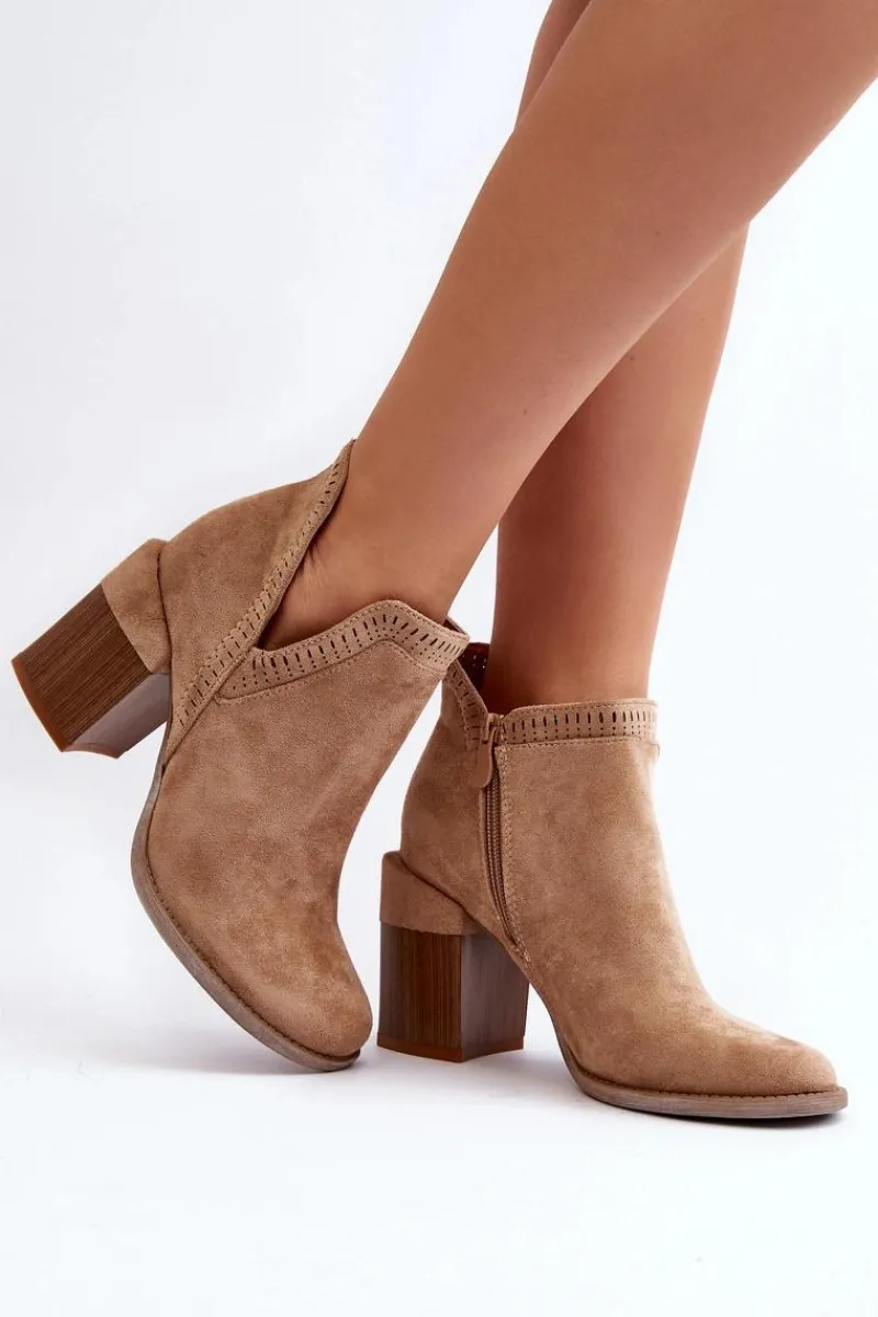 Outlet Botki Na Masywnym Słupku Z Wycięciem Beżowe Jolnima Damskie Botki Wiosenne|Botki Na Słupku