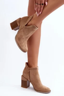 Outlet Botki Na Masywnym Słupku Z Wycięciem Beżowe Jolnima Damskie Botki Wiosenne|Botki Na Słupku