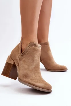 Outlet Botki Na Masywnym Słupku Z Wycięciem Beżowe Jolnima Damskie Botki Wiosenne|Botki Na Słupku