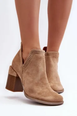 Outlet Botki Na Masywnym Słupku Z Wycięciem Beżowe Jolnima Damskie Botki Wiosenne|Botki Na Słupku