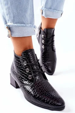 New Botki na Obcasie Czarne Albeq Damskie Botki Sznurowane|Czarne Botki