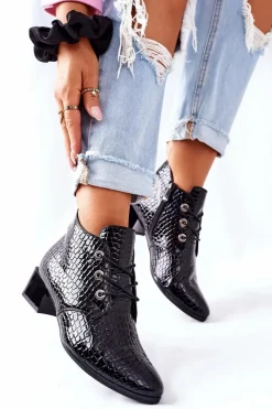 New Botki na Obcasie Czarne Albeq Damskie Botki Sznurowane|Czarne Botki