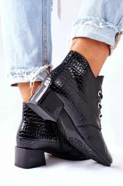 New Botki na Obcasie Czarne Albeq Damskie Botki Sznurowane|Czarne Botki