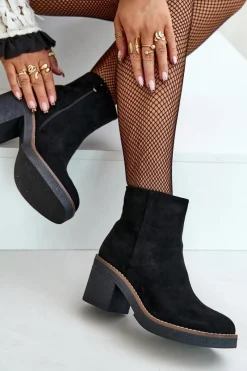 Best Boto Botki Na Obcasie Słupku Eko Zamszowe Ocieplane Na Zamek Czarne Lerallea