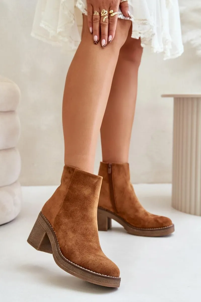 Discount Botki Na Obcasie Słupku Eko Zamszowe Ocieplane Na Zamek Camel Lerallea Damskie Botki Wiosenne|Botki Ocieplane