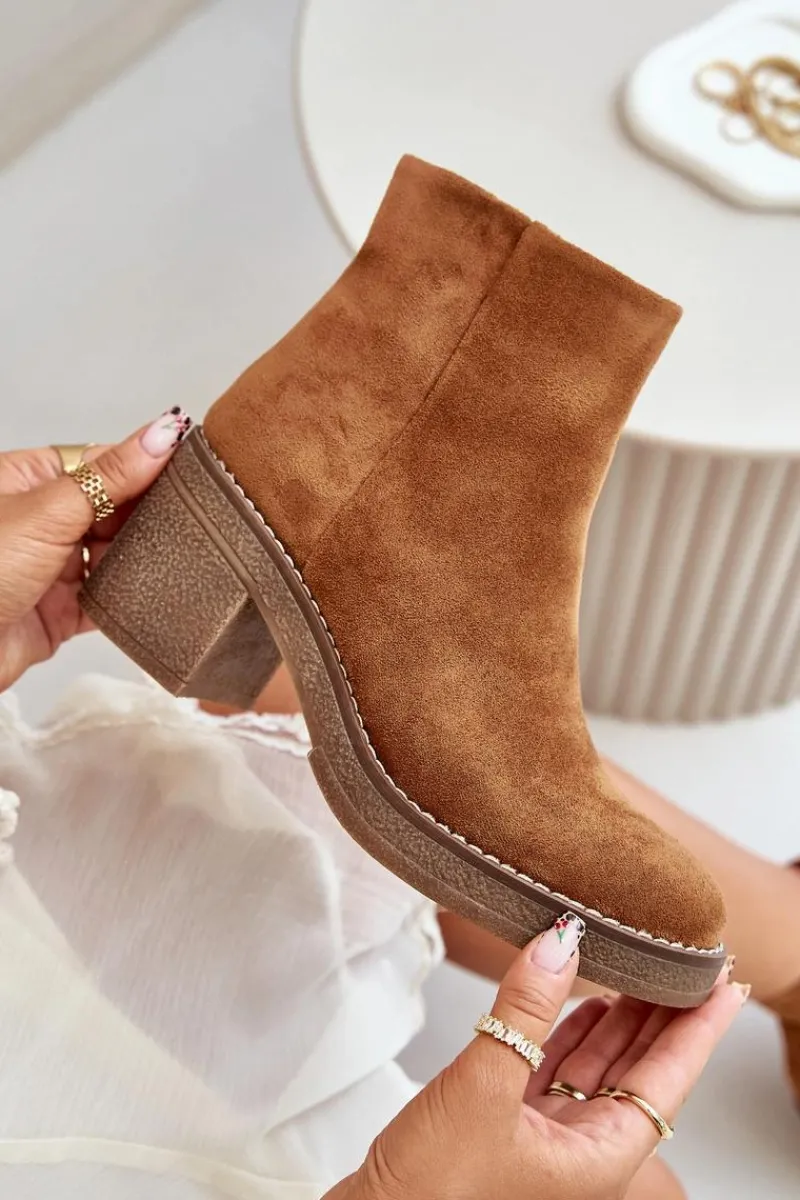Discount Botki Na Obcasie Słupku Eko Zamszowe Ocieplane Na Zamek Camel Lerallea Damskie Botki Wiosenne|Botki Ocieplane