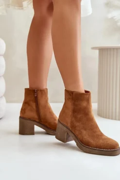 Discount Botki Na Obcasie Słupku Eko Zamszowe Ocieplane Na Zamek Camel Lerallea Damskie Botki Wiosenne|Botki Ocieplane