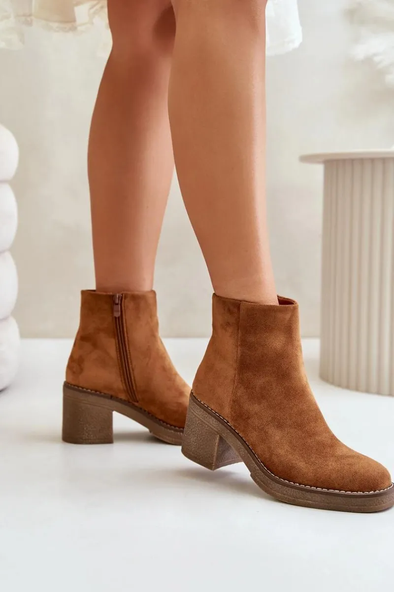 Discount Botki Na Obcasie Słupku Eko Zamszowe Ocieplane Na Zamek Camel Lerallea Damskie Botki Wiosenne|Botki Ocieplane