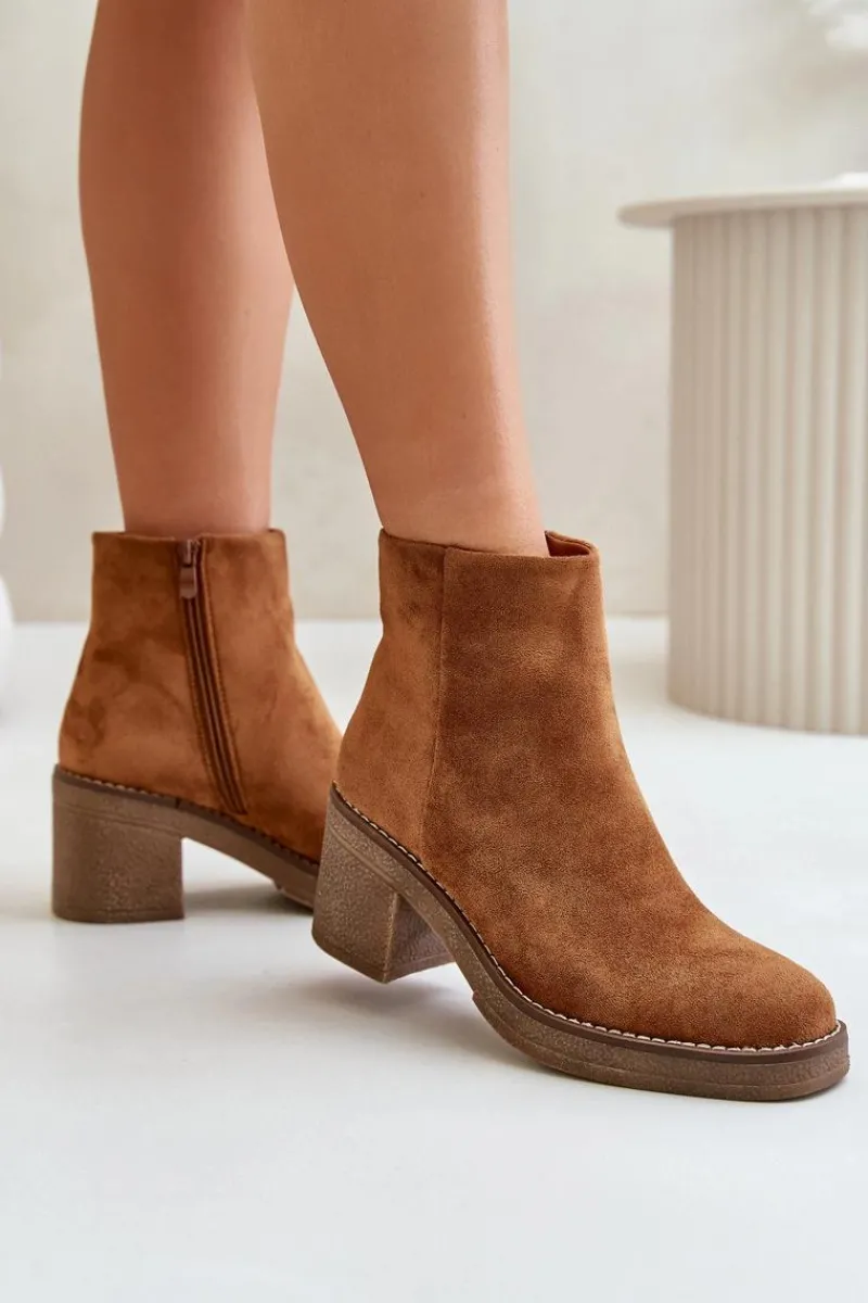 Discount Botki Na Obcasie Słupku Eko Zamszowe Ocieplane Na Zamek Camel Lerallea Damskie Botki Wiosenne|Botki Ocieplane