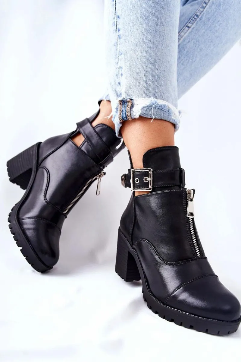 Botki Na Obcasie Z Klamrą Czarne Clive Damskie Botki Na Słupku|Czarne Botki