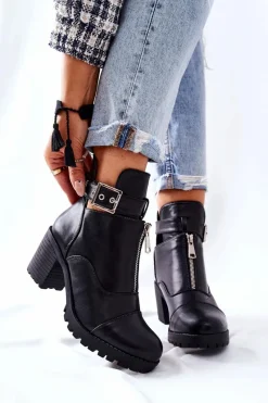 Botki Na Obcasie Z Klamrą Czarne Clive Damskie Botki Na Słupku|Czarne Botki