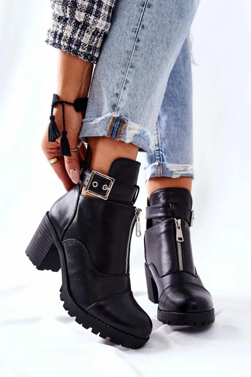 Botki Na Obcasie Z Klamrą Czarne Clive Damskie Botki Na Słupku|Czarne Botki