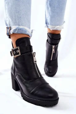 Botki Na Obcasie Z Klamrą Czarne Clive Damskie Botki Na Słupku|Czarne Botki