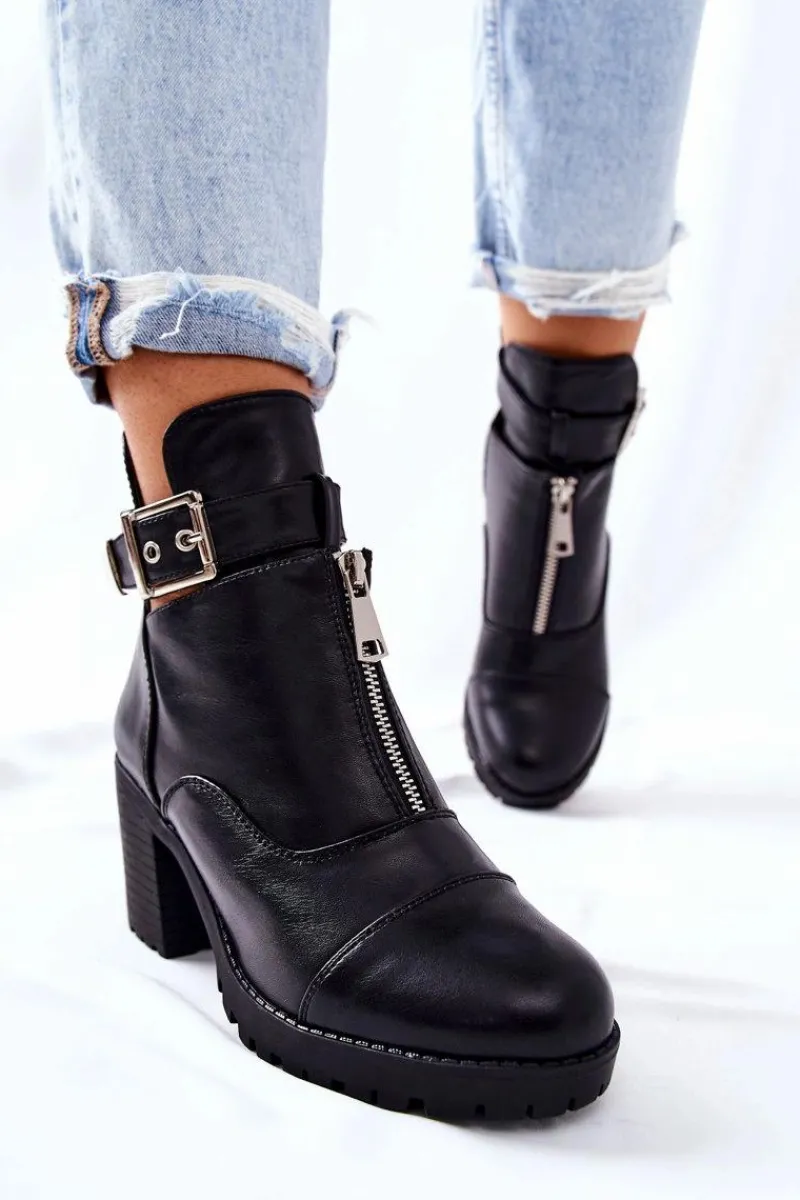 Botki Na Obcasie Z Klamrą Czarne Clive Damskie Botki Na Słupku|Czarne Botki