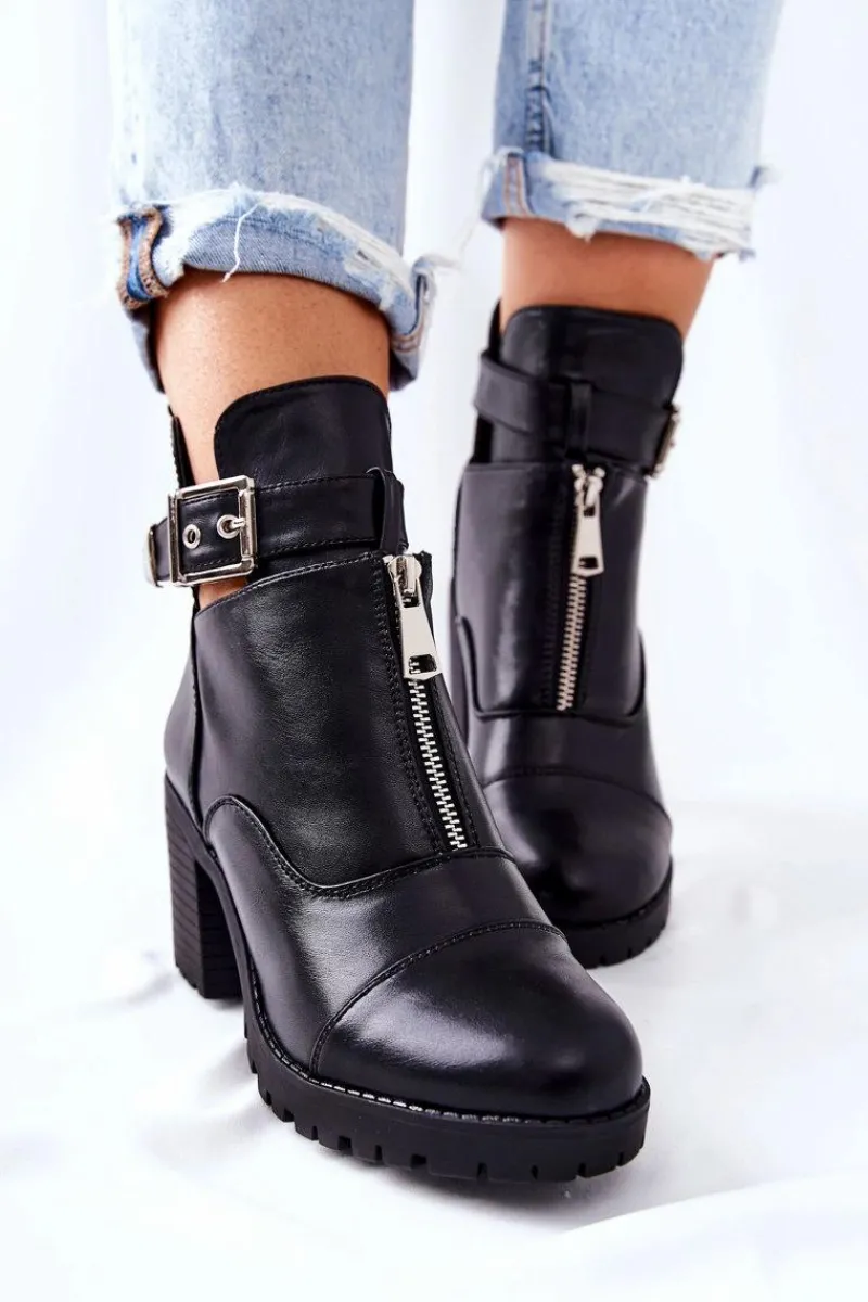 Botki Na Obcasie Z Klamrą Czarne Clive Damskie Botki Na Słupku|Czarne Botki