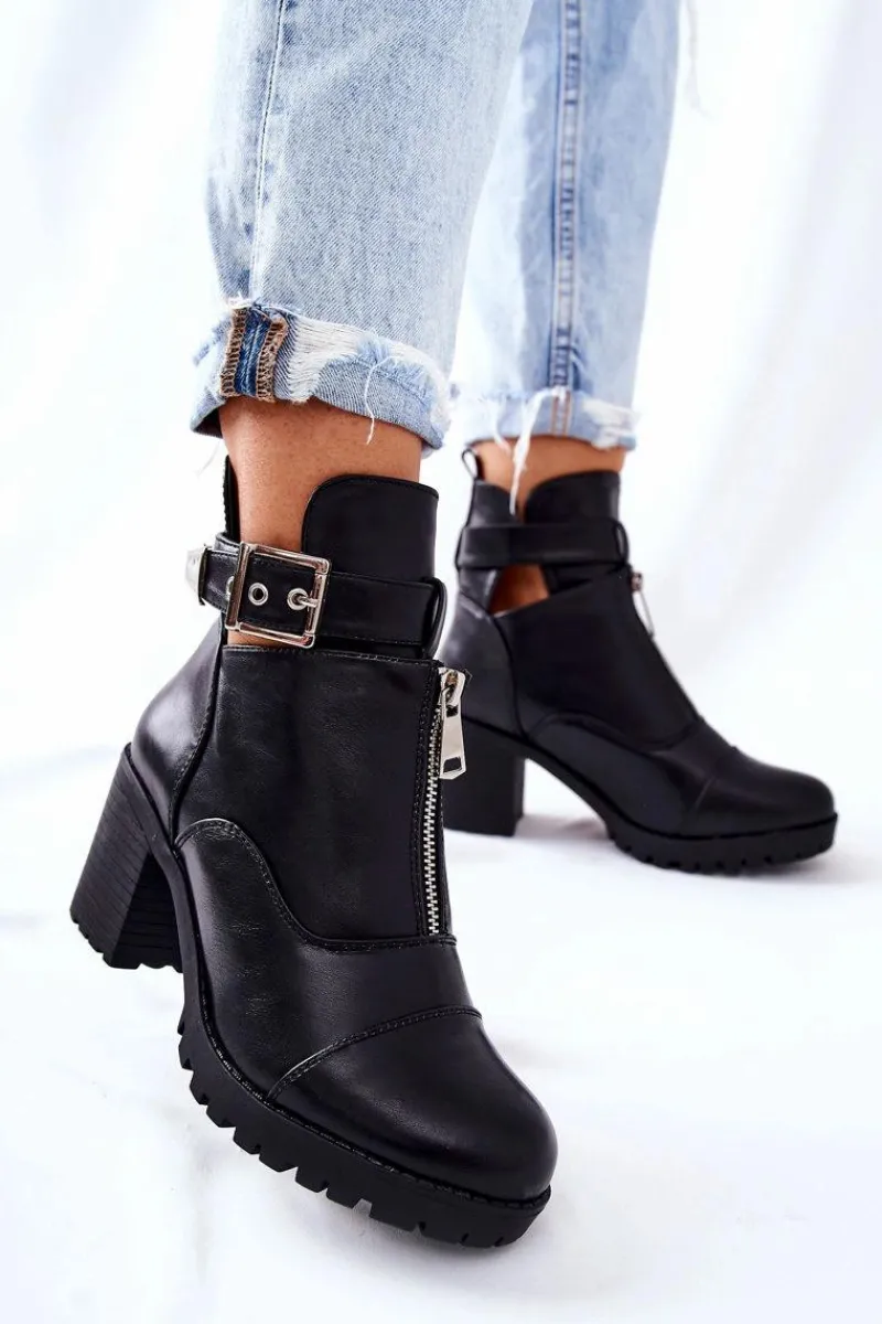 Botki Na Obcasie Z Klamrą Czarne Clive Damskie Botki Na Słupku|Czarne Botki