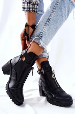 Botki Na Obcasie Z Klamrą Czarne Clive Damskie Botki Na Słupku|Czarne Botki