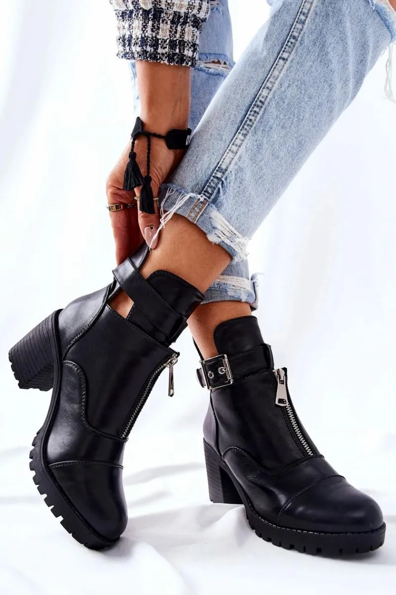 Botki Na Obcasie Z Klamrą Czarne Clive Damskie Botki Na Słupku|Czarne Botki