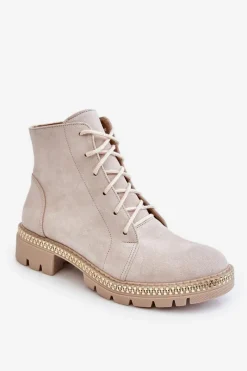 Botki Wiosenne|Botki Skórzane>Boto Botki Na Płaskim Obcasie Lewski Shoes 3285 Jasnobeżowe