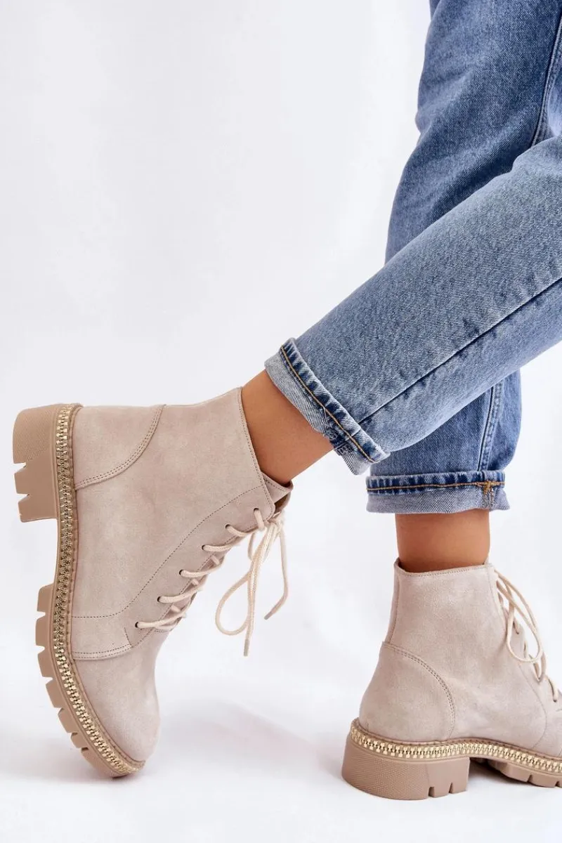 Botki Wiosenne|Botki Skórzane>Boto Botki Na Płaskim Obcasie Lewski Shoes 3285 Jasnobeżowe