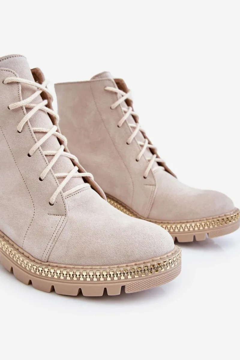 Botki Wiosenne|Botki Skórzane>Boto Botki Na Płaskim Obcasie Lewski Shoes 3285 Jasnobeżowe