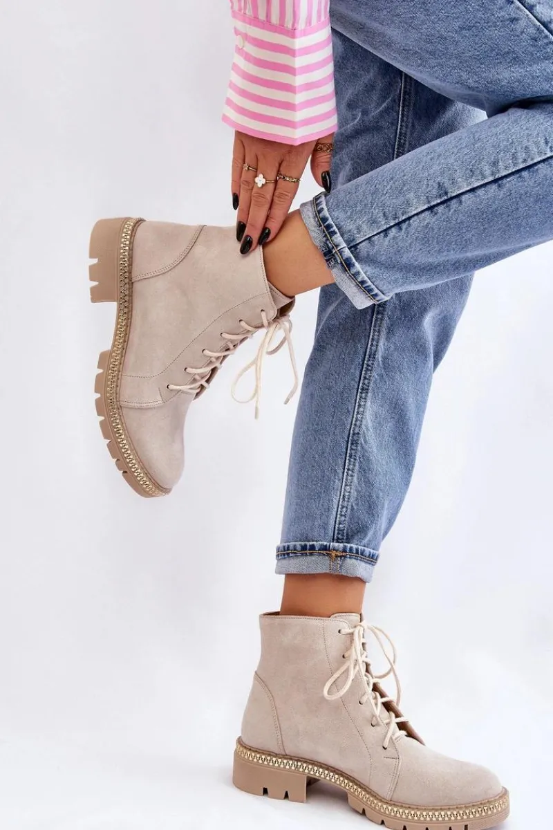 Botki Wiosenne|Botki Skórzane>Boto Botki Na Płaskim Obcasie Lewski Shoes 3285 Jasnobeżowe