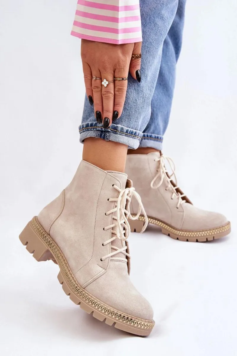 Botki Wiosenne|Botki Skórzane>Boto Botki Na Płaskim Obcasie Lewski Shoes 3285 Jasnobeżowe