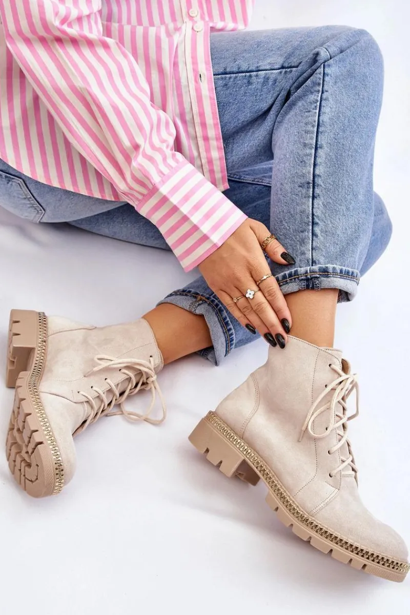 Botki Wiosenne|Botki Skórzane>Boto Botki Na Płaskim Obcasie Lewski Shoes 3285 Jasnobeżowe