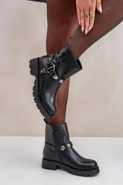 Discount Botki Na Płaskim Obcasie Ocieplane Z Ozdobnymi Paskami Czarne Felilania Damskie Botki Ocieplane|Czarne Botki