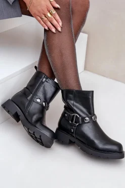 Discount Botki Na Płaskim Obcasie Ocieplane Z Ozdobnymi Paskami Czarne Felilania Damskie Botki Ocieplane|Czarne Botki