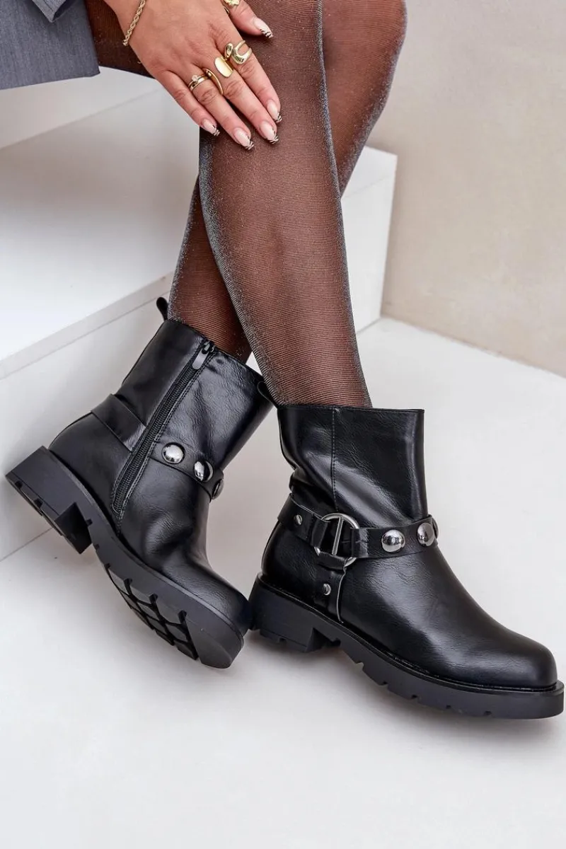 Discount Botki Na Płaskim Obcasie Ocieplane Z Ozdobnymi Paskami Czarne Felilania Damskie Botki Ocieplane|Czarne Botki