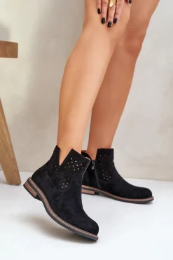 Discount Boto Botki Na Płaskim Obcasie Z Ażurową Cholewką Czarne Elivaya