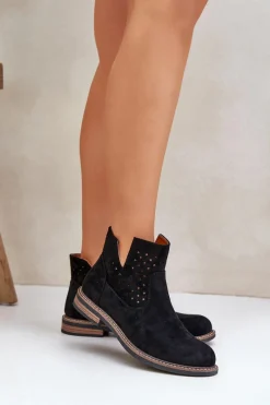 Discount Boto Botki Na Płaskim Obcasie Z Ażurową Cholewką Czarne Elivaya