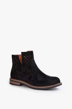 Discount Boto Botki Na Płaskim Obcasie Z Ażurową Cholewką Czarne Elivaya