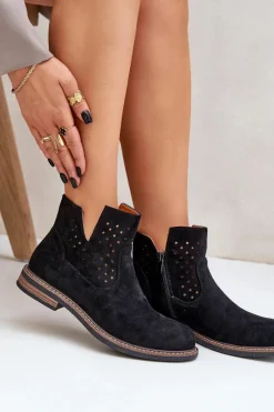 Discount Boto Botki Na Płaskim Obcasie Z Ażurową Cholewką Czarne Elivaya