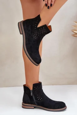 Discount Boto Botki Na Płaskim Obcasie Z Ażurową Cholewką Czarne Elivaya